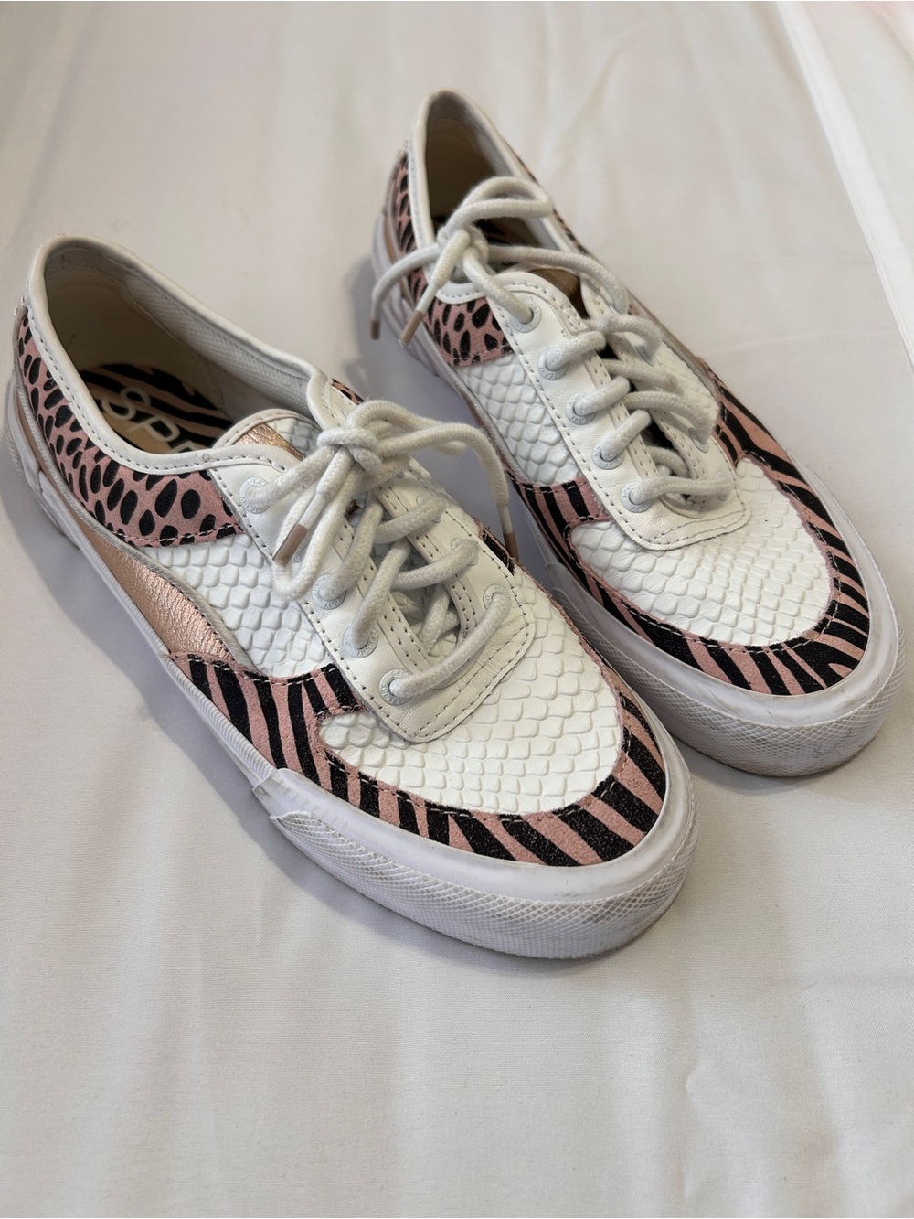 Sperry White and Pink Animal-Print Lace-Up Sneakers
